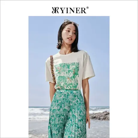 YINER音儿女装2022夏季白色宽松短袖T恤潮牌商品大图