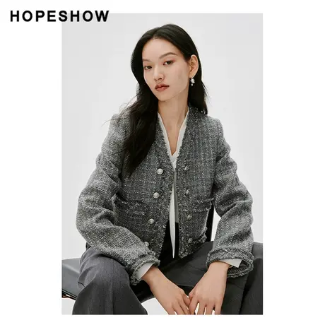 红袖气质千金香风V领外套hopeshow2024春新款拉毛箱型双排扣上衣图片