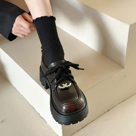 厚底英伦风小皮鞋女2024春季新款鞋子配裙子复古系带粗跟乐福单鞋商品大图