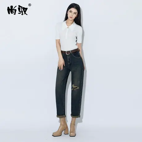 蓝色高腰破洞牛仔垮裤2023年秋新款贴布老爹裤猫须抓纹做旧哈伦裤图片