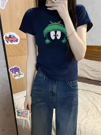 藏青色纯棉t恤女短袖夏季修身显瘦小众设计韩系别致法式短款上衣商品大图