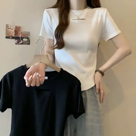 镂空设计感小众别致T恤短袖夏装女2024新款百搭修身短款上衣体恤商品大图