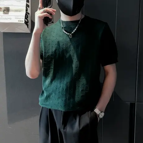 高级感ins纯色菱格针织夏季薄款潮牌打底半袖针织衫短袖T恤体恤商品大图