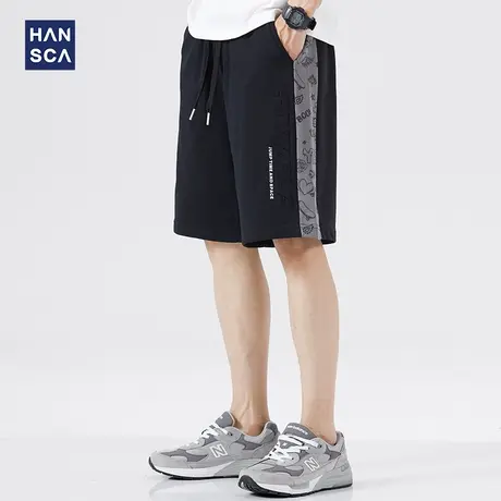 汉斯卡宽松大码短裤男夏季潮牌青少年新款潮流撞色拼接压花五分裤商品大图