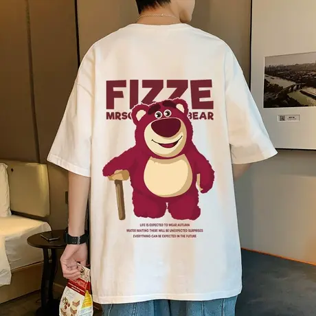 夏季草莓熊短袖t恤男2024新款美式纯棉男生体恤宽松国潮港风半袖图片