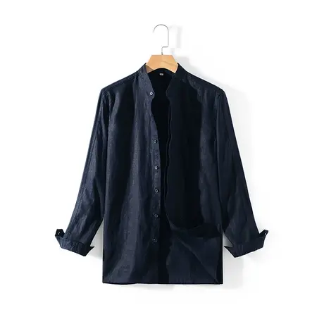 亚麻休闲衬衫男2024春秋季新款宽松男士百搭复古长袖衬衣立领上衣图片