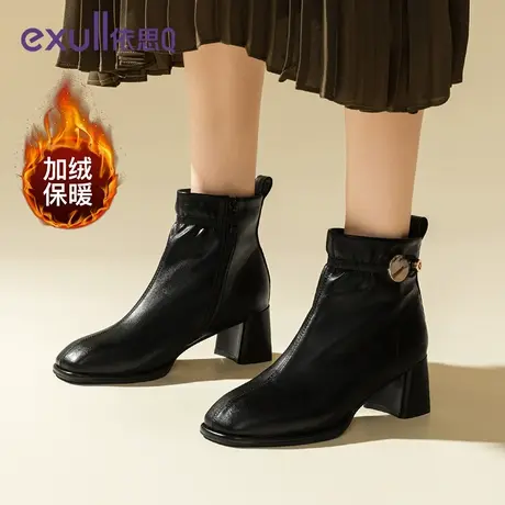 依思Q短靴女靴子保暖棉鞋高跟鞋2023新款秋冬季加绒拉链马丁单靴商品大图