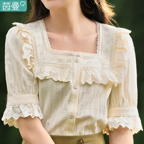 茵曼短袖方领衬衫女士2024年夏季新款半袖泡泡袖纯棉衬衣显瘦上衣图片