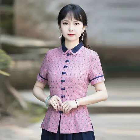 筠雅唐装女中国风夏季短袖上衣薄款修身复古气质洋气减龄中式女装商品大图
