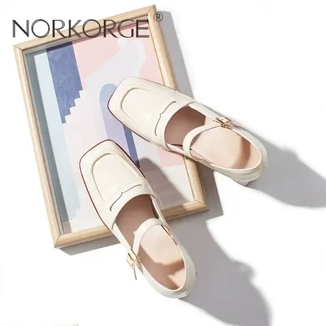 2023新款春复古温柔米白色玛丽珍单鞋女真皮方头粗跟高跟鞋小皮鞋图片