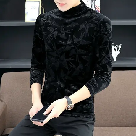 男士金丝绒长袖T恤春秋冬季半高领打底衫潮流帅气潮牌保暖上衣服商品大图