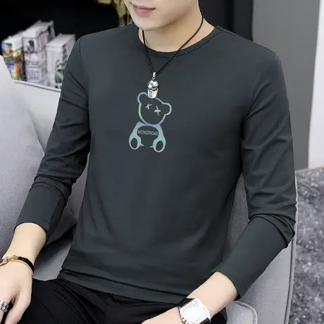 莫代尔长袖t恤男潮牌潮流秋季小衫圆领小熊印花内搭打底衫秋衣服商品大图
