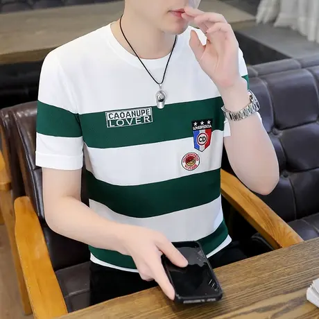 新款夏季显瘦条纹短袖T恤男修身韩版帅气薄款男士半截袖上衣体恤t商品大图