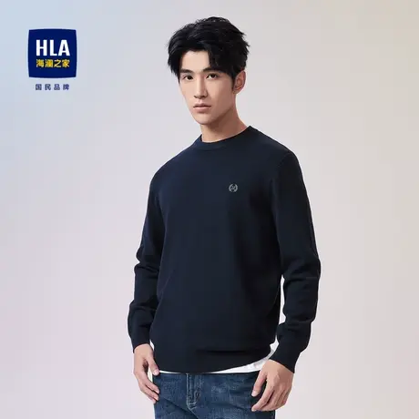 HLA/海澜之家圆领长袖针织衫23秋冬季新款基础休闲绣花套头毛衣男图片