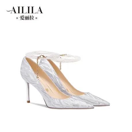 法式婚鞋女2023新款银色水晶新娘绑带高跟鞋主婚纱不累脚平时可穿商品大图