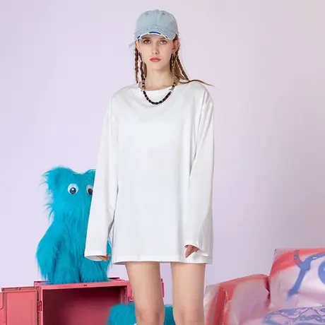 yep白色长袖t恤女纯色宽松设计感小众薄款纯棉内搭打底衫休闲上衣商品大图