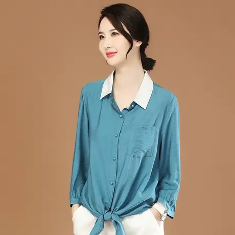 韩潮袭人法式撞色七分袖白衬衫女士夏装绑带雪纺短袖衬衣小众上衣商品大图