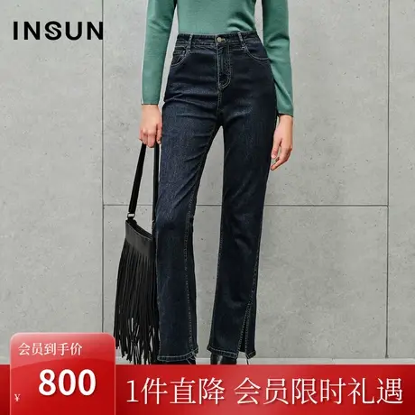 恩裳2023秋装新款棉涤混纺复古怀旧色牛仔裤弹力紧身侧开叉微喇裤商品大图