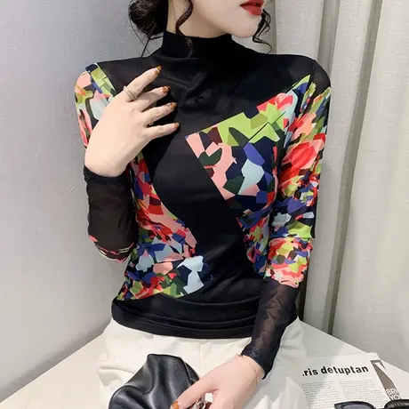 2023春秋新款半高领打底衫女网纱长袖修身气质漂亮T恤别致上衣ins图片