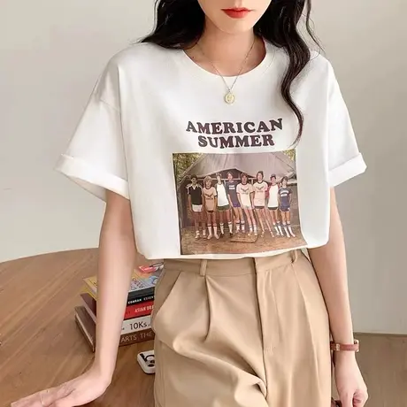 短袖t恤女宽松2023年夏季新款大码美式复古印花纯棉半袖上衣ins潮商品大图