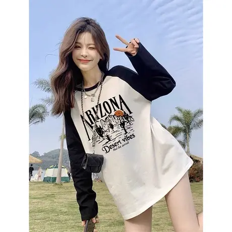 2023秋冬圆领插肩撞色新款学生宽松韩版显瘦内搭印花长袖t恤上衣图片