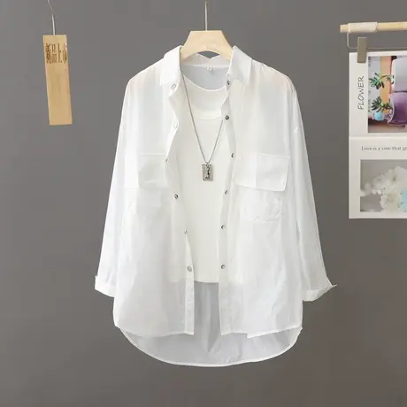 夏季2023年新款薄款工装外套衬衫女长袖宽松半透防晒衣薄开衫上衣商品大图