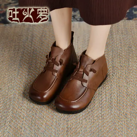 吐火罗2022新款舒适百搭休闲女短靴软底软面牛皮靴平跟圆头女靴商品大图