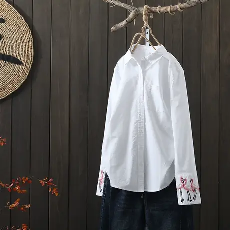枫谜2021年春装新款韩版刺绣纯白翻领衬衫女宽松显瘦全棉长袖衬衣图片