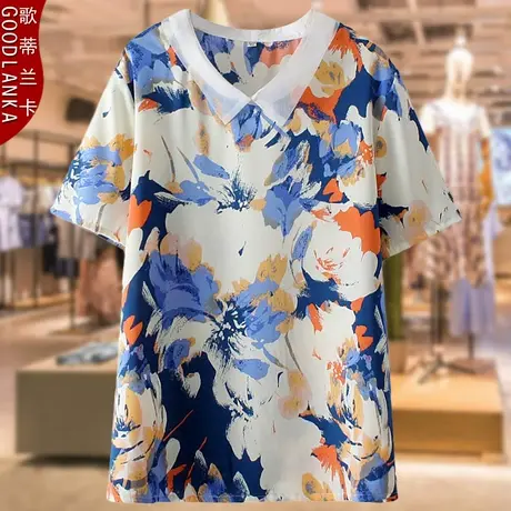 40-50岁中年妈妈夏装仿真丝上衣200斤宽松洋气印花小衫短袖T恤女图片