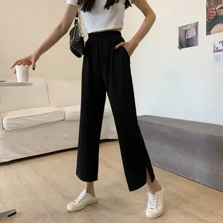 高腰垂感阔腿裤女夏季韩版宽松薄款直筒显瘦百搭开叉休闲九分裤子图片