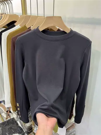 法式纯色针织衫长袖修身T恤女2022年秋冬新款薄绒螺纹圆领打底衫图片