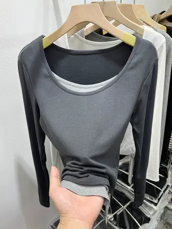 设计感拼色圆领假两件长袖T恤女2023春装新款洋气开叉小衫上衣潮图片