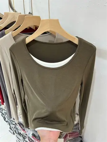 撞色拼接圆领T恤修身软糯长袖女2023年早秋新款上衣弹力百搭体恤商品大图