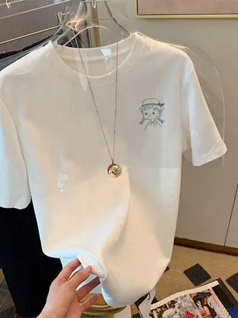 白色仿棉短袖t恤女2023新款夏季小众设计感港味chic大码女装上衣图片