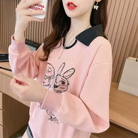 娃娃领卫衣女春秋季韩版宽松翻领polo衫薄款小个子华夫格上衣外套图片