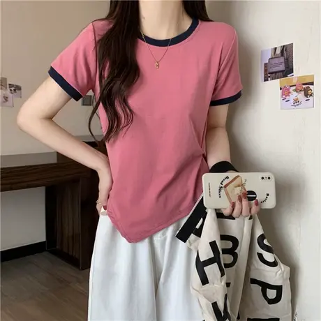 纯棉撞色短袖T恤女夏季修身显瘦闺蜜装短款半袖上衣潮ins打底小衫商品大图