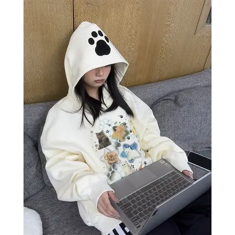 卡通猫咪连帽卫衣女春秋薄款2023新款爆款设计感宽松美式上衣外套图片