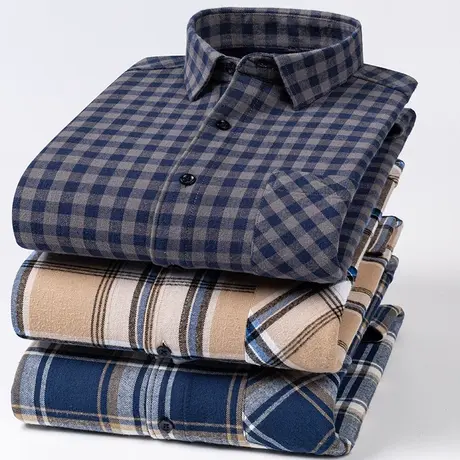 纯棉磨毛格子衬衫男士长袖加厚加绒保暖款中老年人衬衣外套爸爸装图片