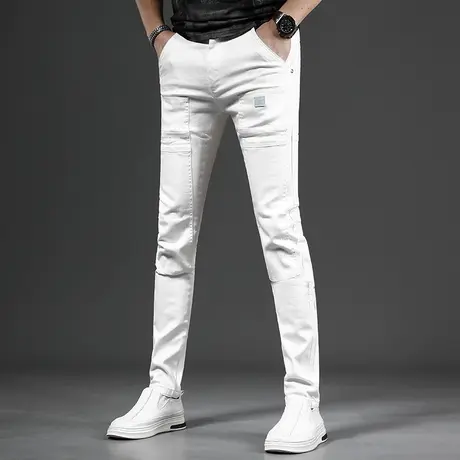 2023新款高端白色牛仔裤男款修身小脚潮牌拼接个性弹力男士白裤子图片