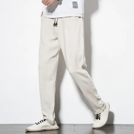 秋季白色薄款长裤中国风亚麻休闲裤男士纯色宽松直筒裤透气沙滩裤商品大图