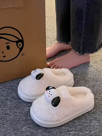 可爱狗狗厚底毛毛拖鞋女外穿2023秋冬新款加绒保暖棉拖增高毛毛鞋商品大图