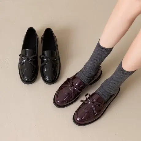 乐福鞋女2023春季新款蝴蝶结厚底单鞋百搭玛丽珍黑色英伦风小皮鞋商品大图