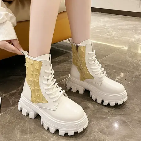 2023夏秋厚底增高马丁靴奶白色小皮靴高帮女鞋黑色炸街英伦小短靴图片