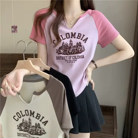 胖mm复古时髦短袖正肩t恤女装夏季大码设计感遮肉显瘦上衣200斤潮商品大图