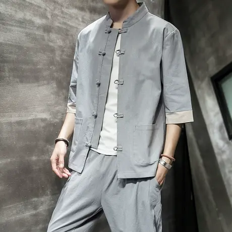中国风纯棉秋季衬衫半袖中式唐装复古风盘扣青年茶服短袖衬衣男图片