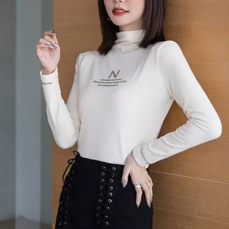 双面绒高领打底衫女秋冬欧货字母镶钻长袖加绒德绒内搭保暖上衣潮商品大图