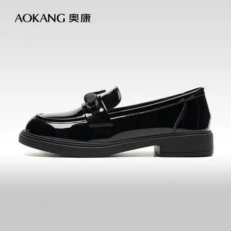 【门店发货】奥康女鞋 春秋季新款漆皮乐福豆豆鞋英伦风小皮鞋图片