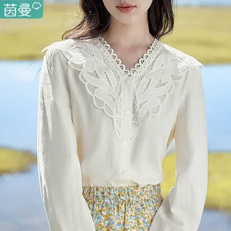 茵曼抗皱打底衫衬衣女装2023新款法式V领长袖衬衫上衣纯棉春秋冬商品大图