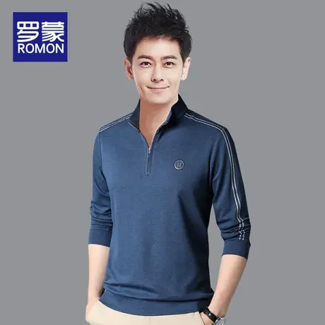 罗蒙秋季长袖t恤男半高领拉链休闲打底衫上衣服男纯色宽松POLO衫商品大图