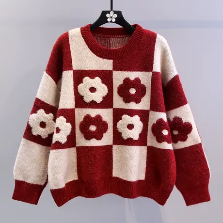 复古格子花朵套头毛衣女秋冬2023新款宽松慵懒风设计感针织衫上衣图片